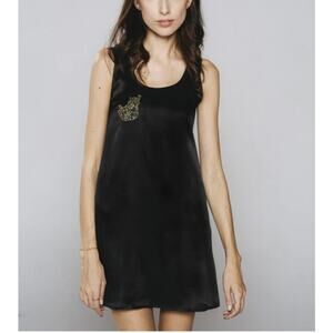 Verameat Black Satin Mini Dress Pretty Kitty Cat Gold Embroidered Large